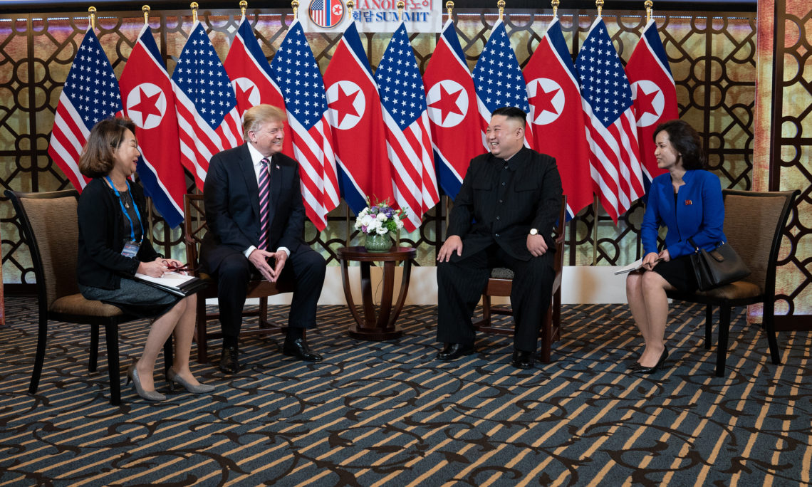 President Donald J. Trump and Kim Jong Un talk Feb. 27, 2019, at the Sofitel Legend Metropole hotel in Hanoi, for their second summit meeting. (Official White House Photo by Shealah Craighead)